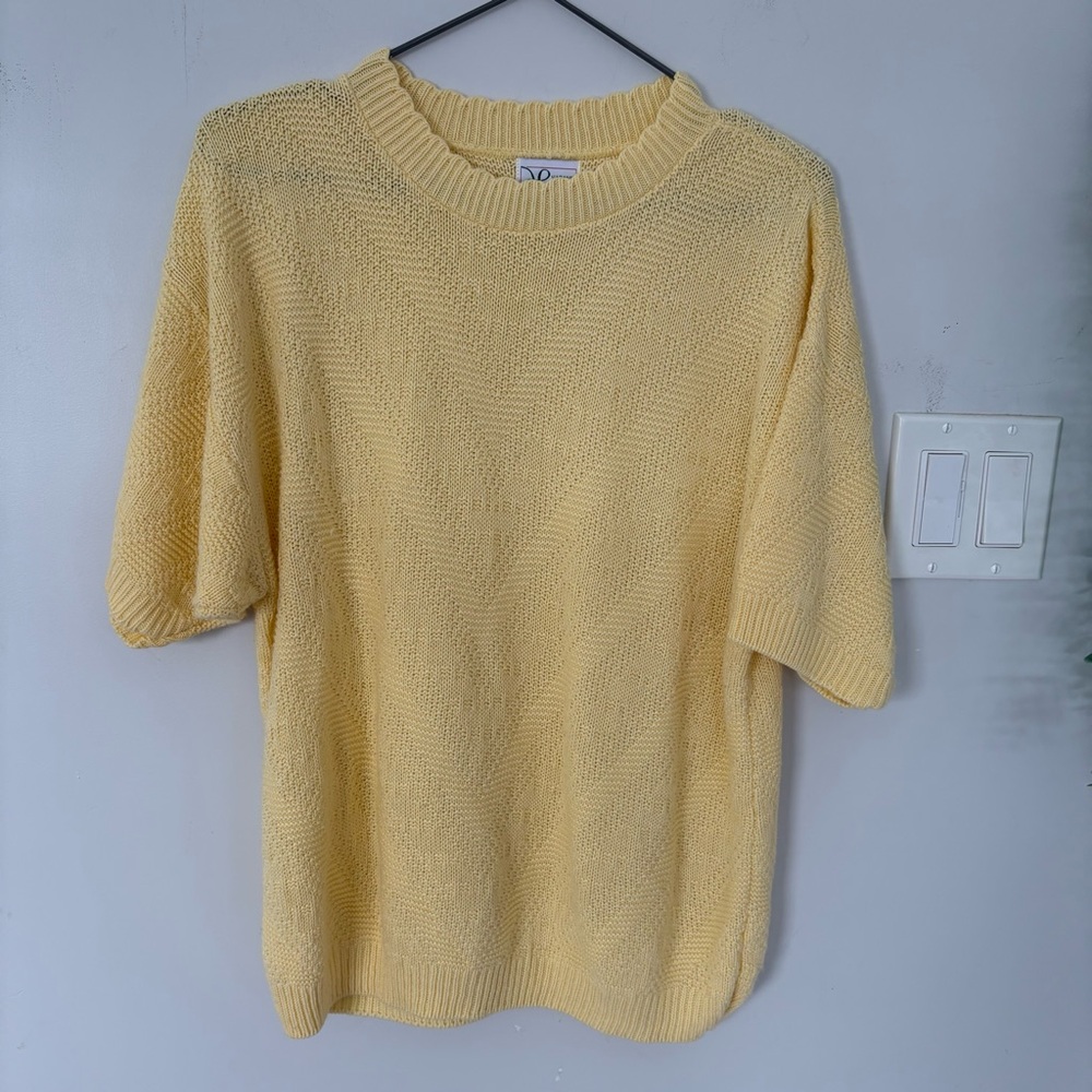 Vintage 80s Haband for Her Pastel Yellow Chevron Knit Short Sleeve Sweater Sz L